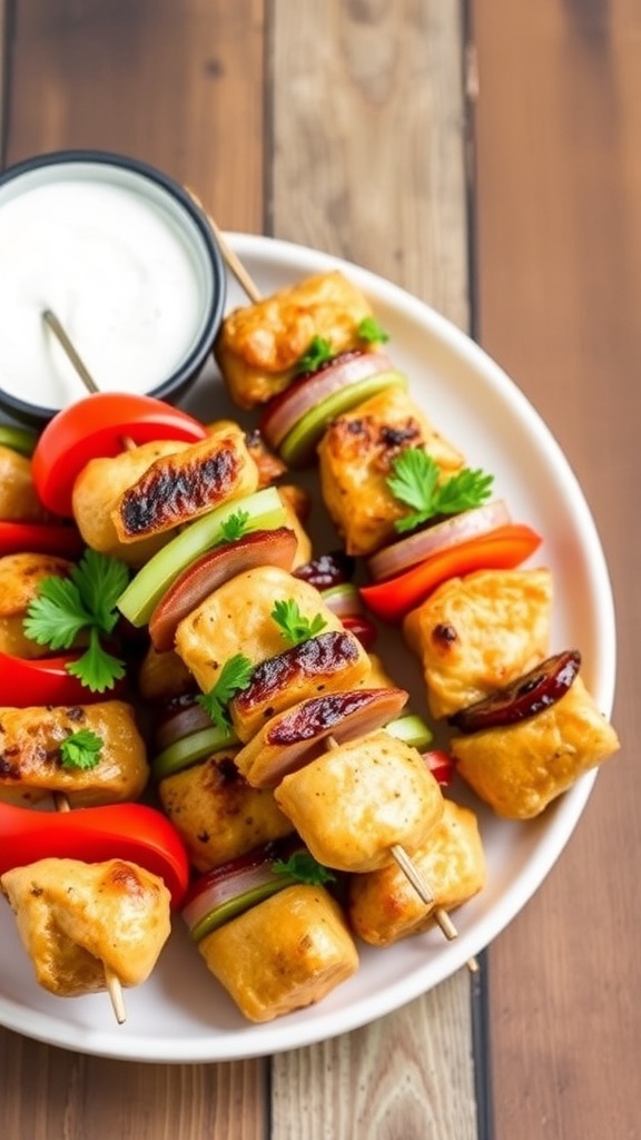 Delicious chicken bacon ranch kabobs on a plate with bell peppers and onions, served with ranch dressing.